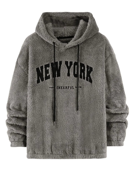 SOLY HUX Mens Graphic Hoodies Fuzzy Sherpa Fleece Pullover Sweatshirts Long Sleeve Winter Fall Outwear Grey Letter Medium