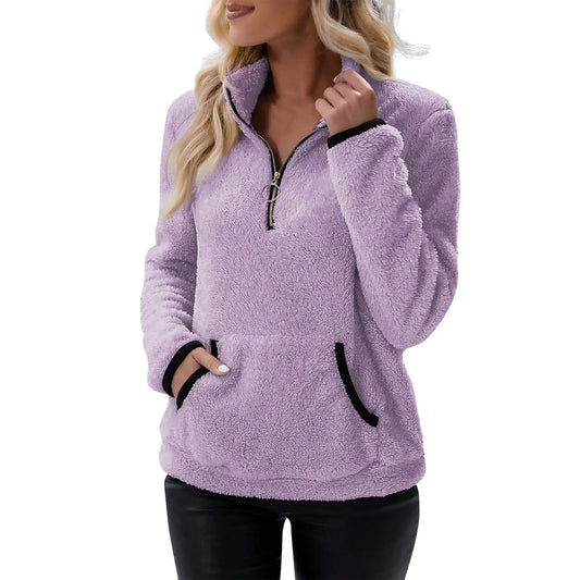 Quarter Zip Pullover for Women Fleece Long Sleeve Fluffy Soft Sweaters Jacket Plus Size Winter Coats with Pocket Teen Girls Fall Y2K Clothes Half Zipped Sweatshirts Quarter Zip Hoodies Warm Sweater